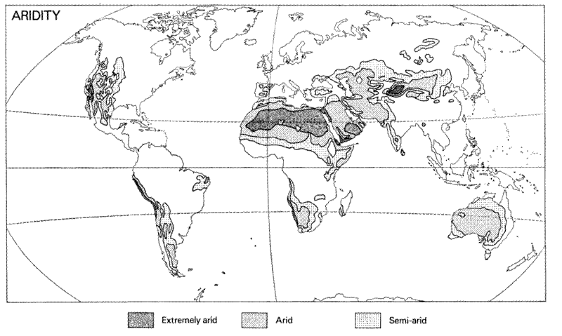 World map showing Meigs' classification of arid lands.