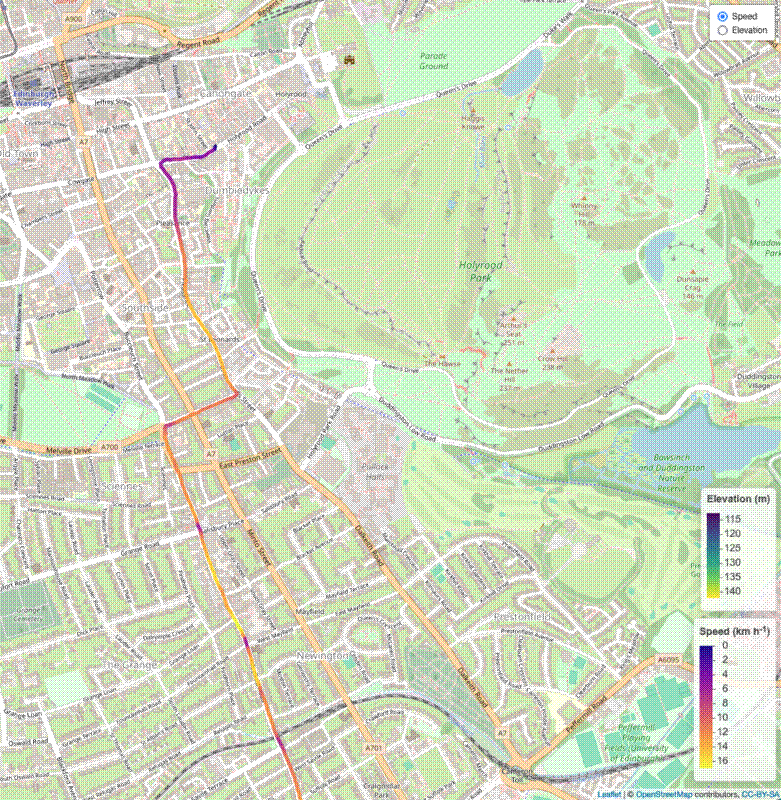 Screenshot of leaflet map showing route with colouring by speed.