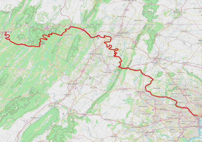 Map of the C and O Canal Trail route. Map of the C and O Canal Trail route.