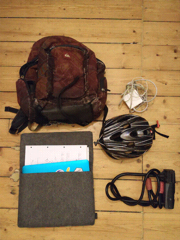 Rucksack, laptop, bike helmet and bike lock