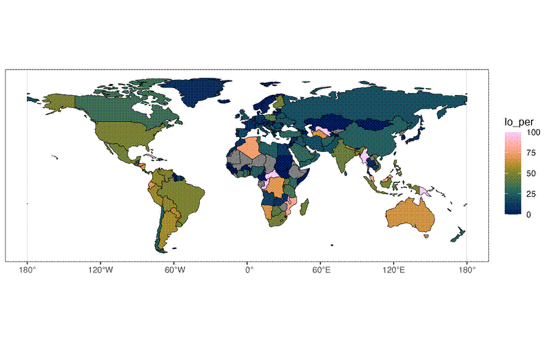 Low bitrate streams per country as a percentage of the total number of streams.