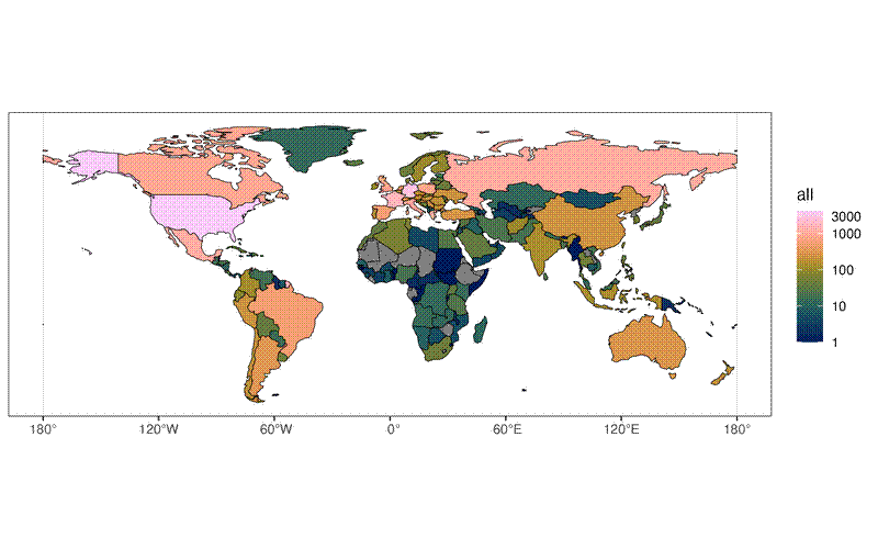 Map of number of stations per country.