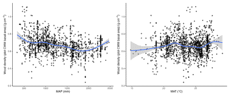 Comparison of wood density estimates from plots in tropical savannas and dry forests with precipitation and temperature climatologies.