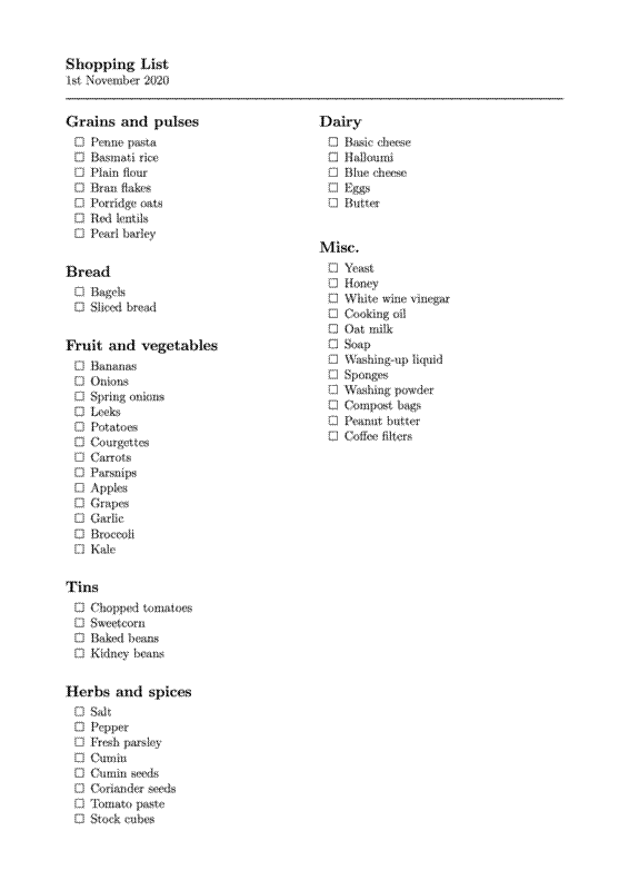 Example shopping list