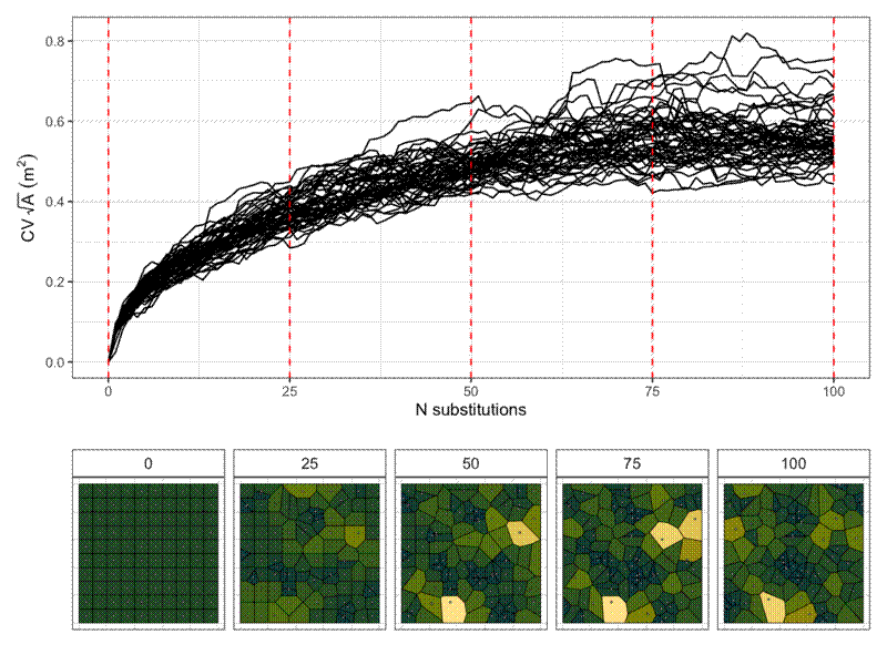 Illustration of increasing coefficient of variation of cell area with increasing spatial randomness.